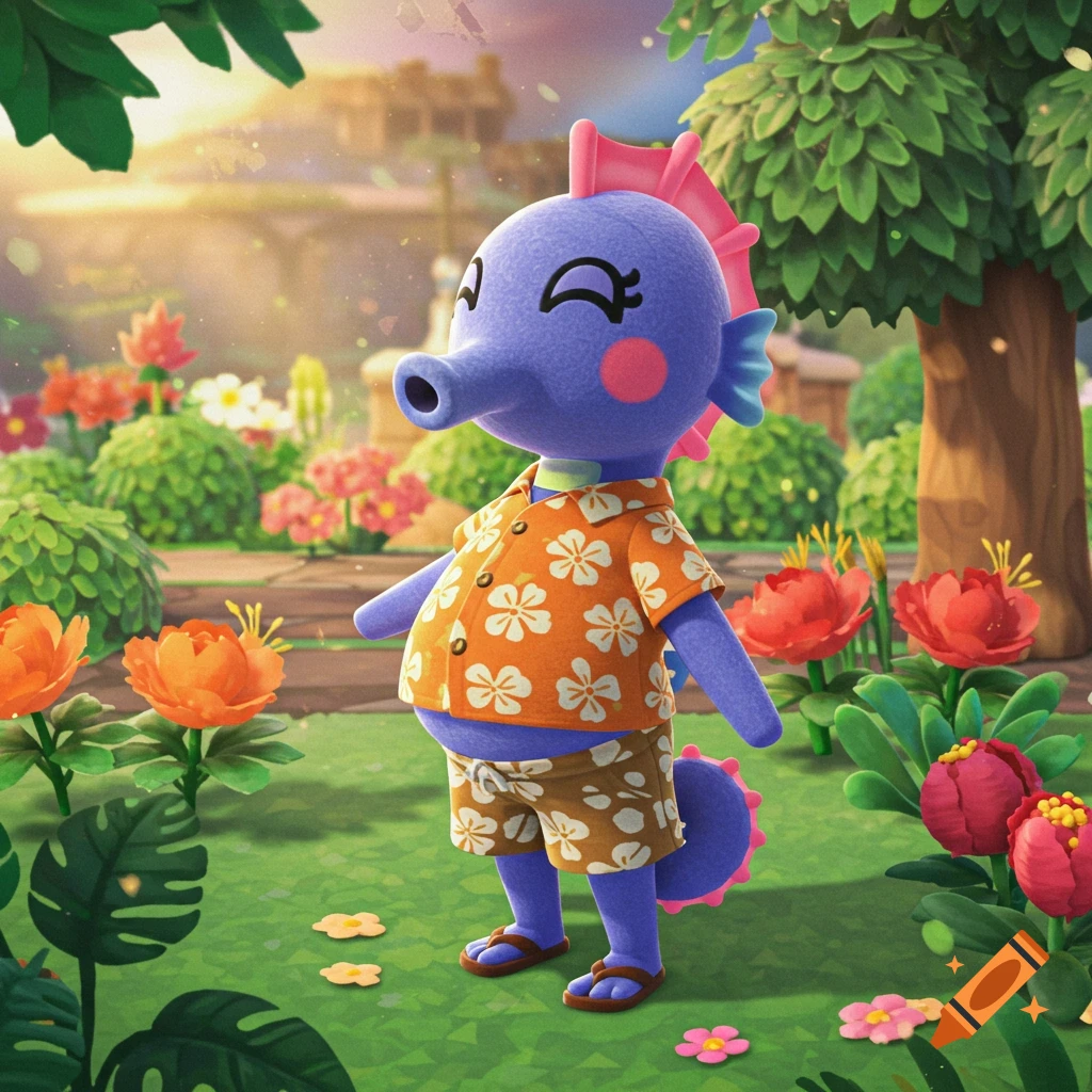 An Animal Crossing style seahorse character in a Hawaiian shirt and shorts stands in a garden.