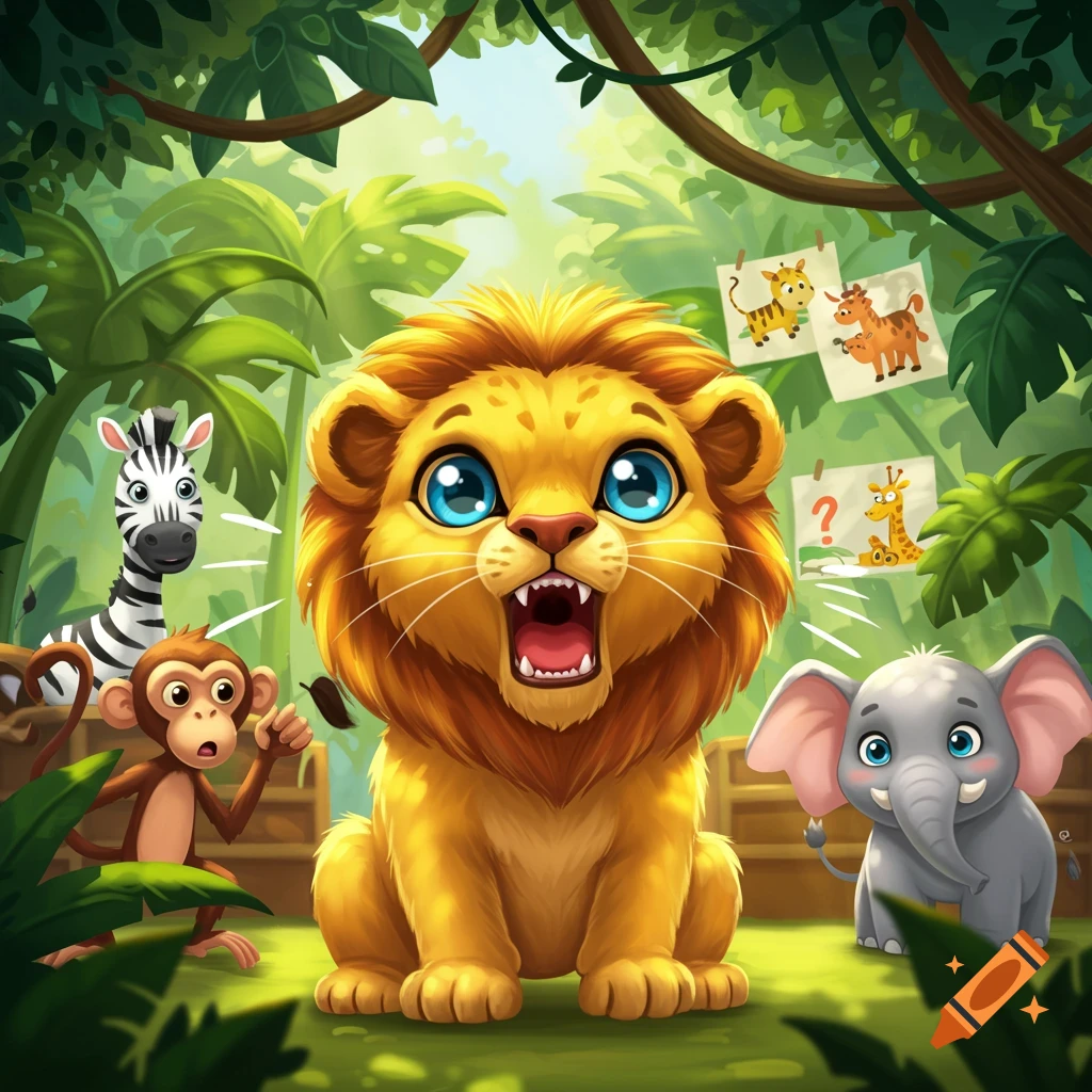 A cute cartoon lion roaring in a jungle classroom with other surprised animals like a monkey, zebra, and elephant.
