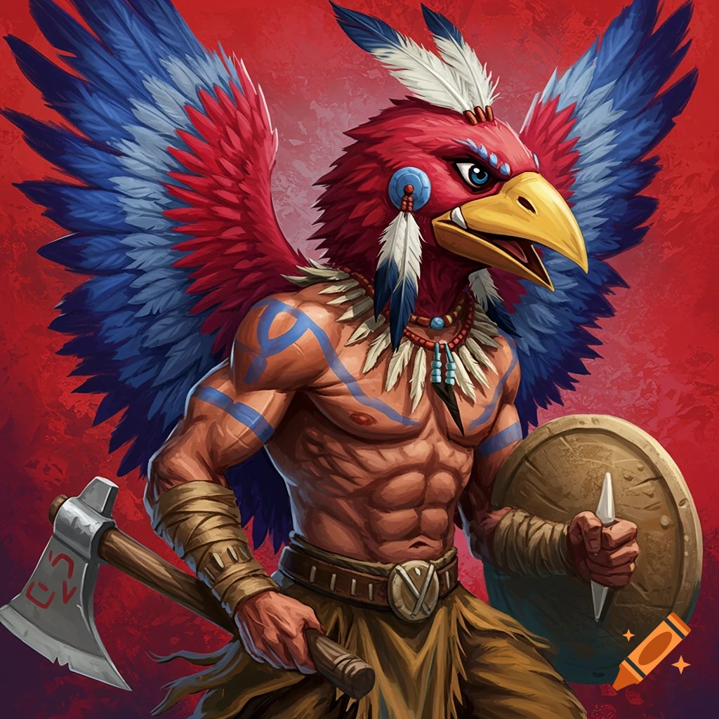 Image of a red and blue jayhawk warrior holding an axe and shield.