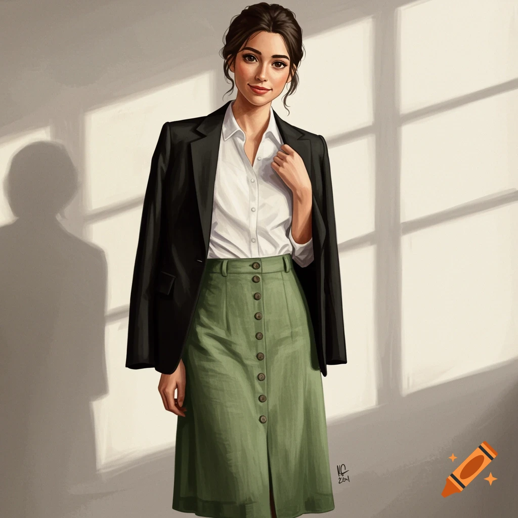 A woman in a blazer, white shirt, and green skirt stands by a window.