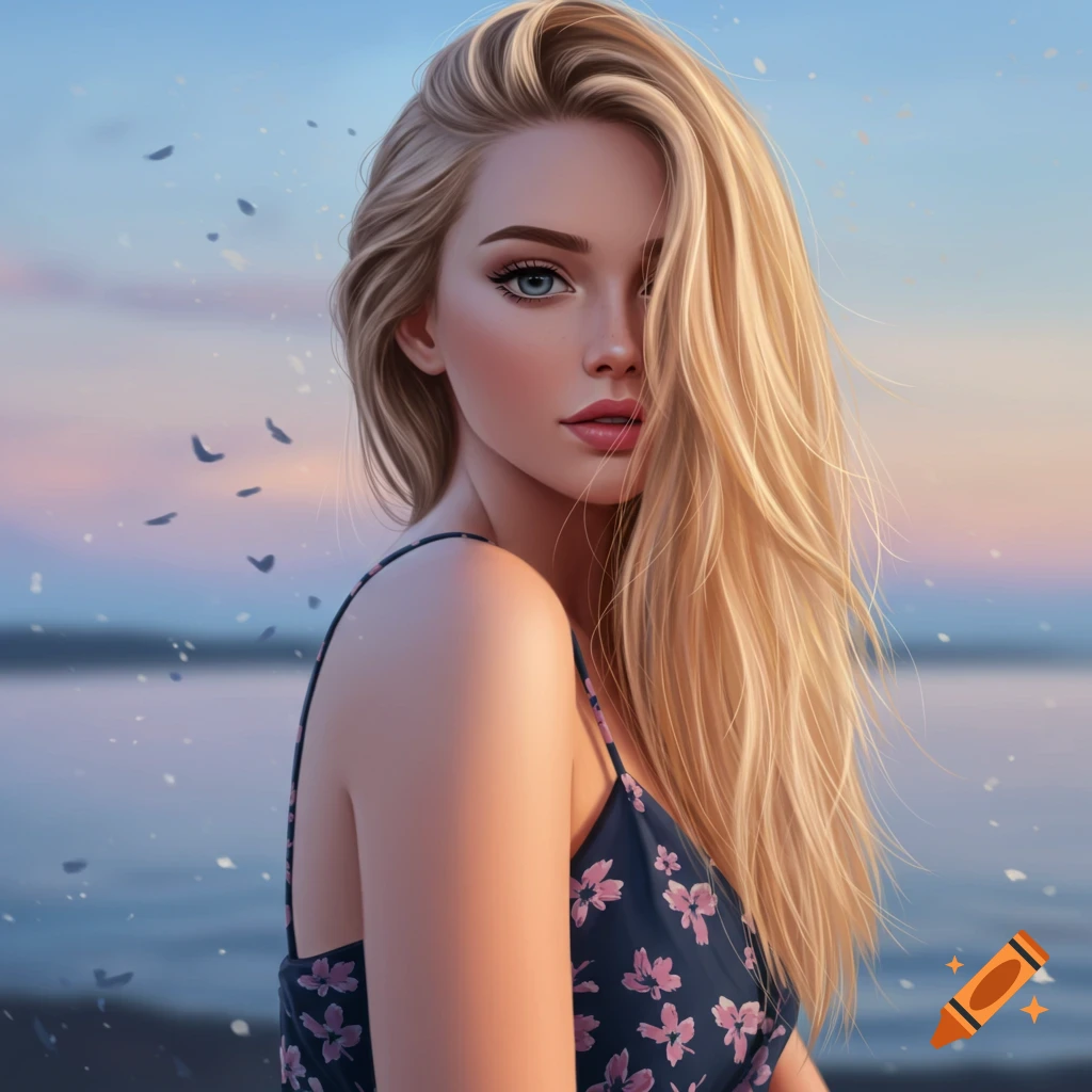 A woman with blond hair in a floral dress looking over her shoulder by the sea at sunset.