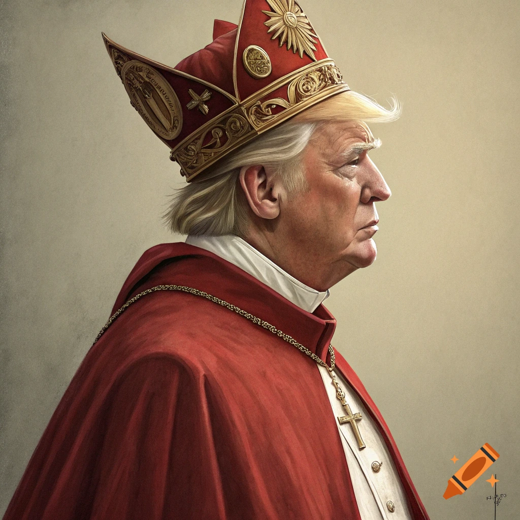 A portrait of Donald Trump wearing red religious robes, a mitre, and a cross necklace.