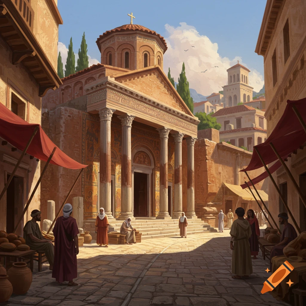 A street scene in ancient Corinth with a large church building, columns, and figures.