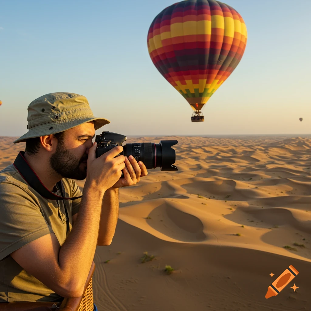 Male photographer taking photo of desert from a hot air balloon