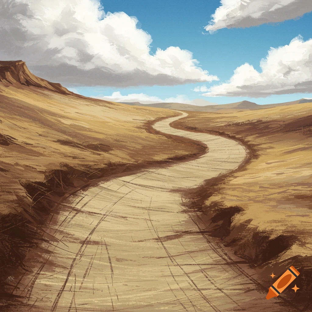 A winding dirt road through a desert landscape under a cloudy blue sky.