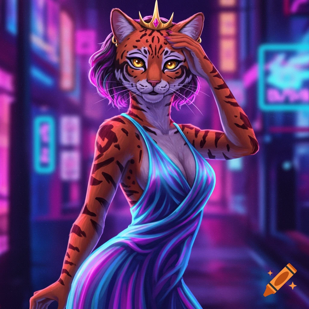 A tiger-like queen in a flowing dress and crown stands on a neon-lit city street.