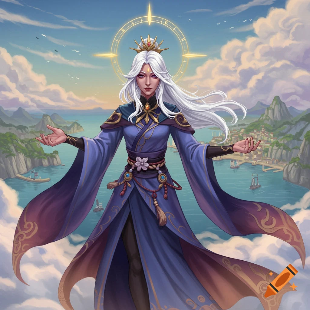A fantasy character with white hair and purple robes stands in clouds overlooking a town