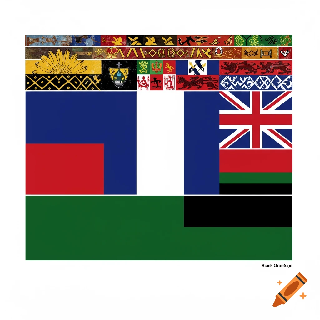 Layered design with horizontal bands of patterns and flag elements including Union Jack, tricolore, and solid colours.