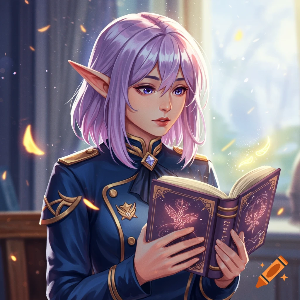 An elf-like woman with purple hair in a blue uniform reading a book