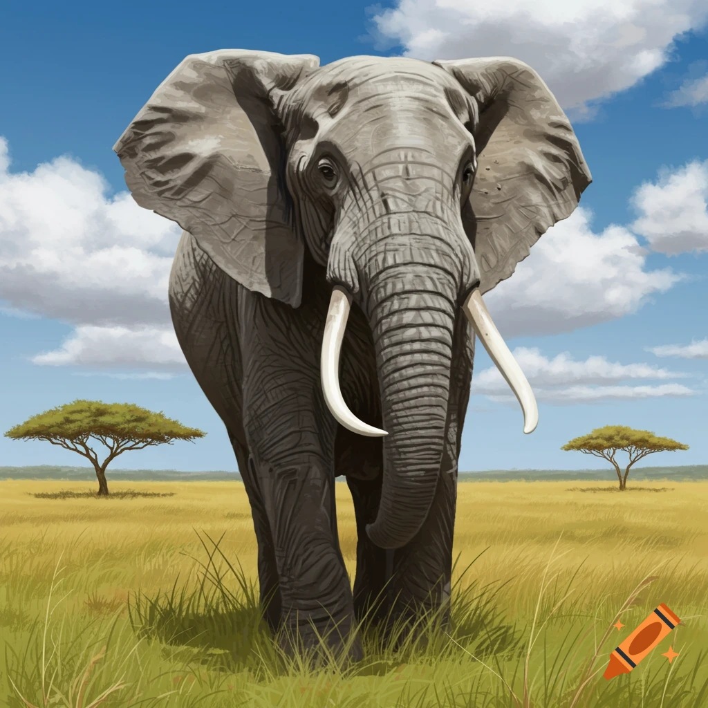 An elephant stands in a grassy savannah with acacia trees.