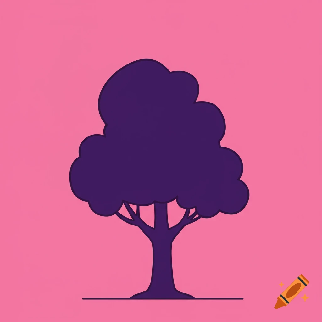 A simple cel-shaded purple tree silhouette on a pink background.