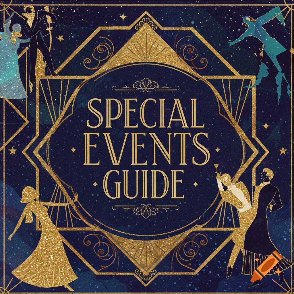 Art Deco illustration of stylized figures dancing around a frame with the text "SPECIAL EVENTS GUIDE" on a starry background.