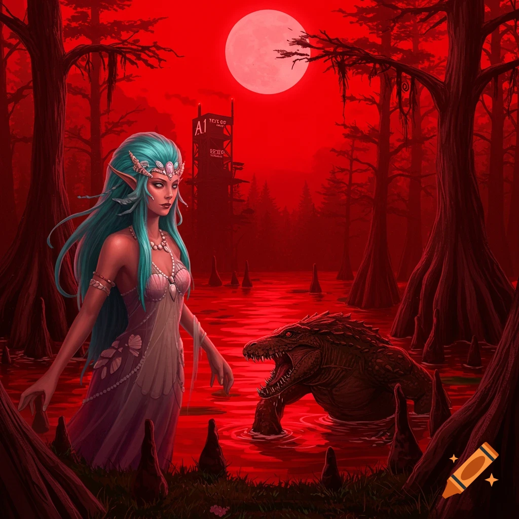 A goddess and weregator are in a red swamp under a full moon.