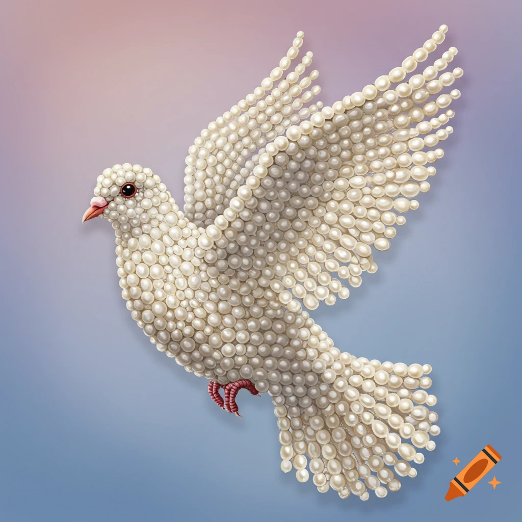 A dove rendered entirely from white pearls, flying against a blue and pink gradient background.