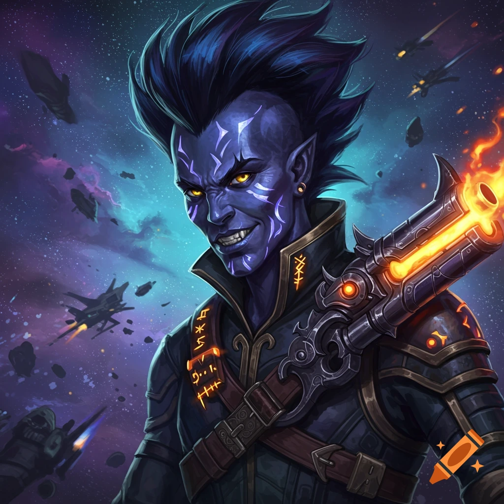 A blue-skinned alien character is depicted in space, holding a glowing weapon.