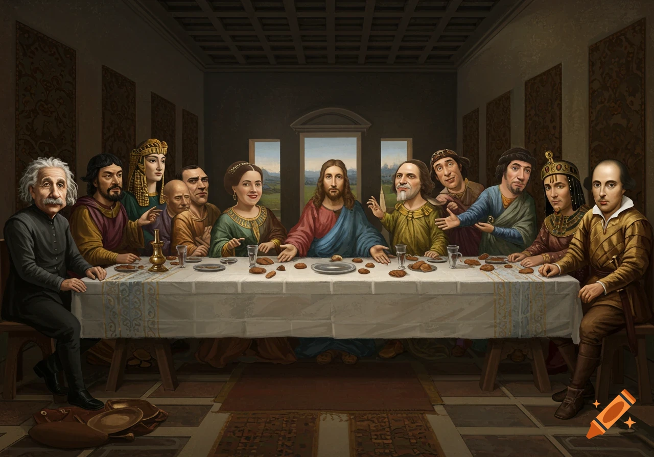 Parody of The Last Supper with historical figures like Einstein and Shakespeare.
