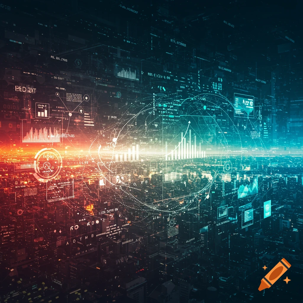A futuristic city skyline overlaid with graphs, charts, and data points representing AI analytics.