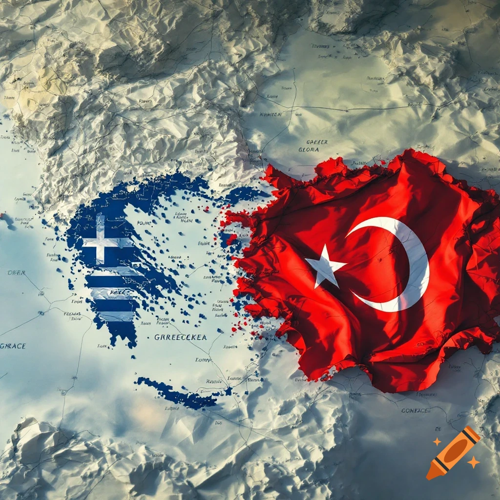Flags of Greece and Turkey overlapping a textured map