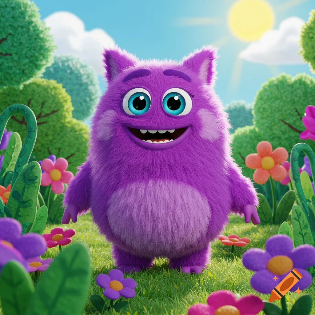 Purple furry monster stands in a field of colorful flowers under a sunny sky.