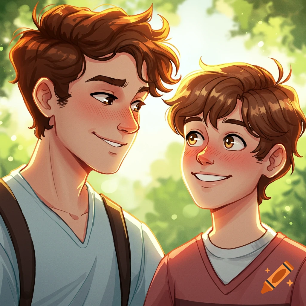 Two young men are smiling at each other with blush marks.