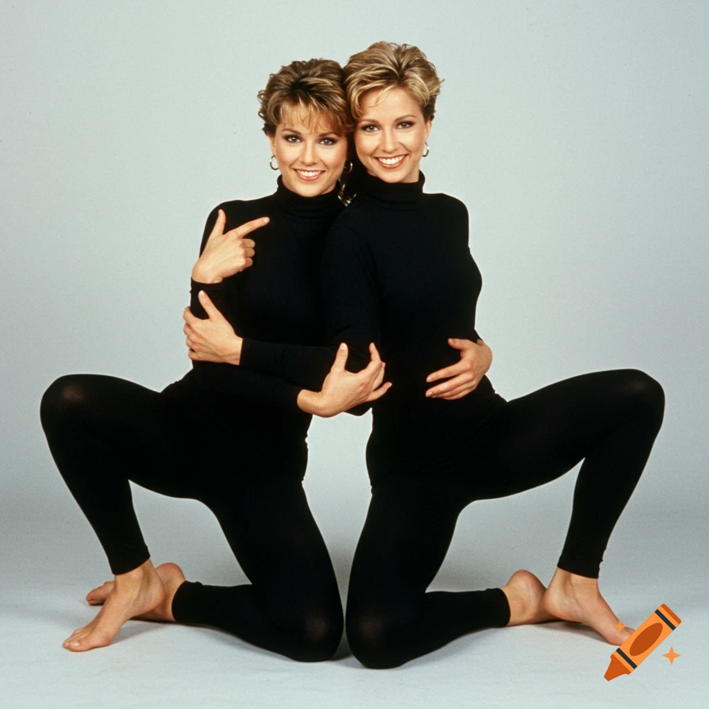 Two women in black turtlenecks and tights kneel and hug tightly in a studio photo.
