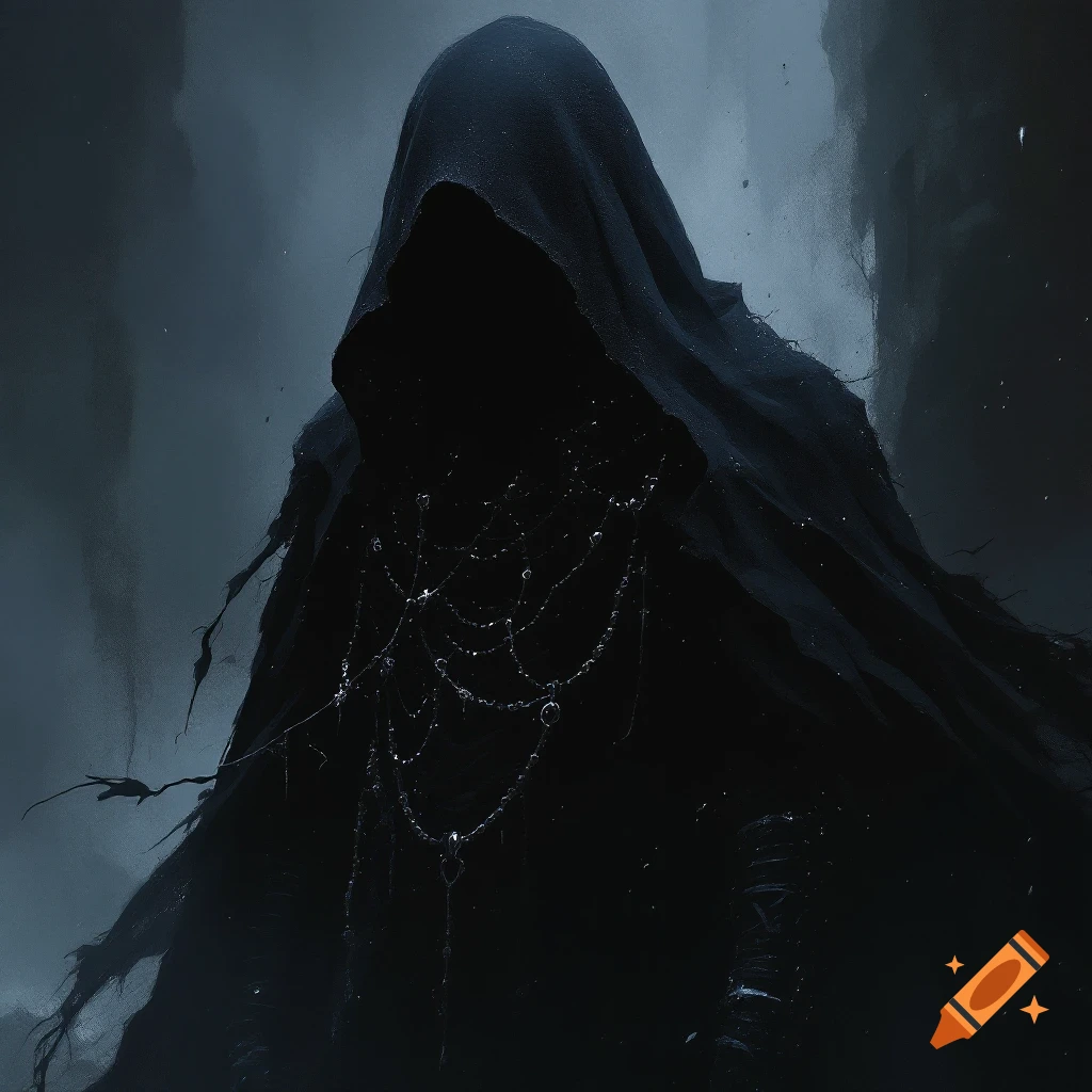 A close-up of a dark figure in a black hooded cloak with ornate chains against a gloomy background.