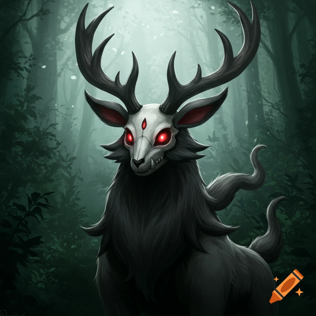 A dark fantasy creature resembling a deer with a skull face, red eyes, and large antlers in a forest.