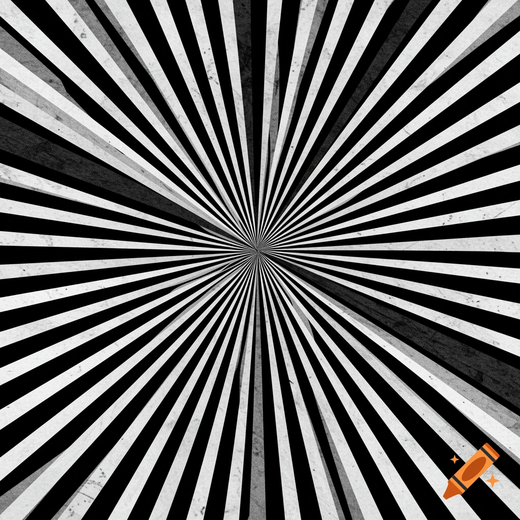 Black and white abstract pattern of radiating lines with texture.