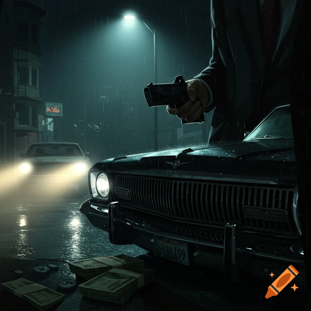 Noir-style image of a man with a gun standing over a car on a rainy street, stacks of cash on the wet pavement.