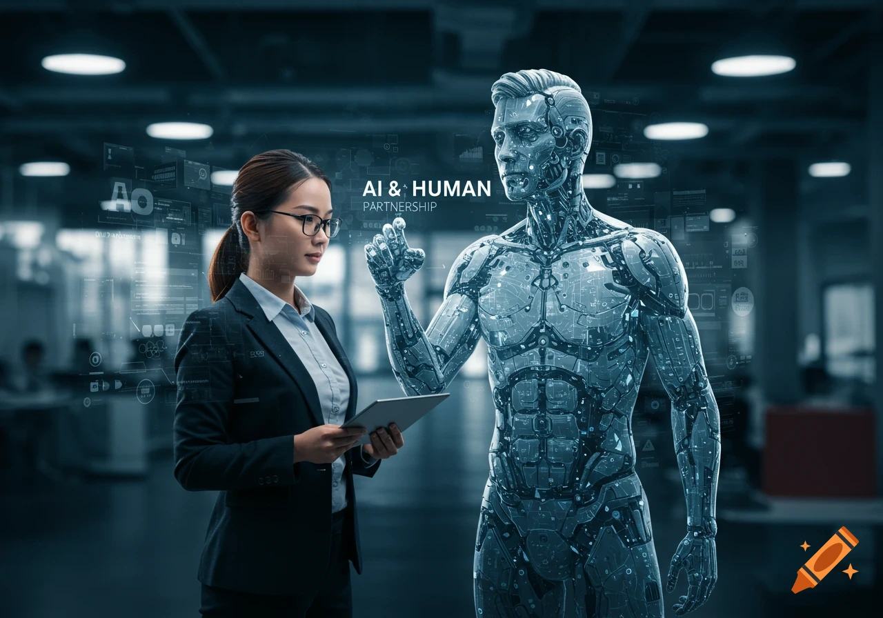 Woman interacts with a robotic figure and holographic displays showing 'AI & HUMAN PARTNERSHIP'.