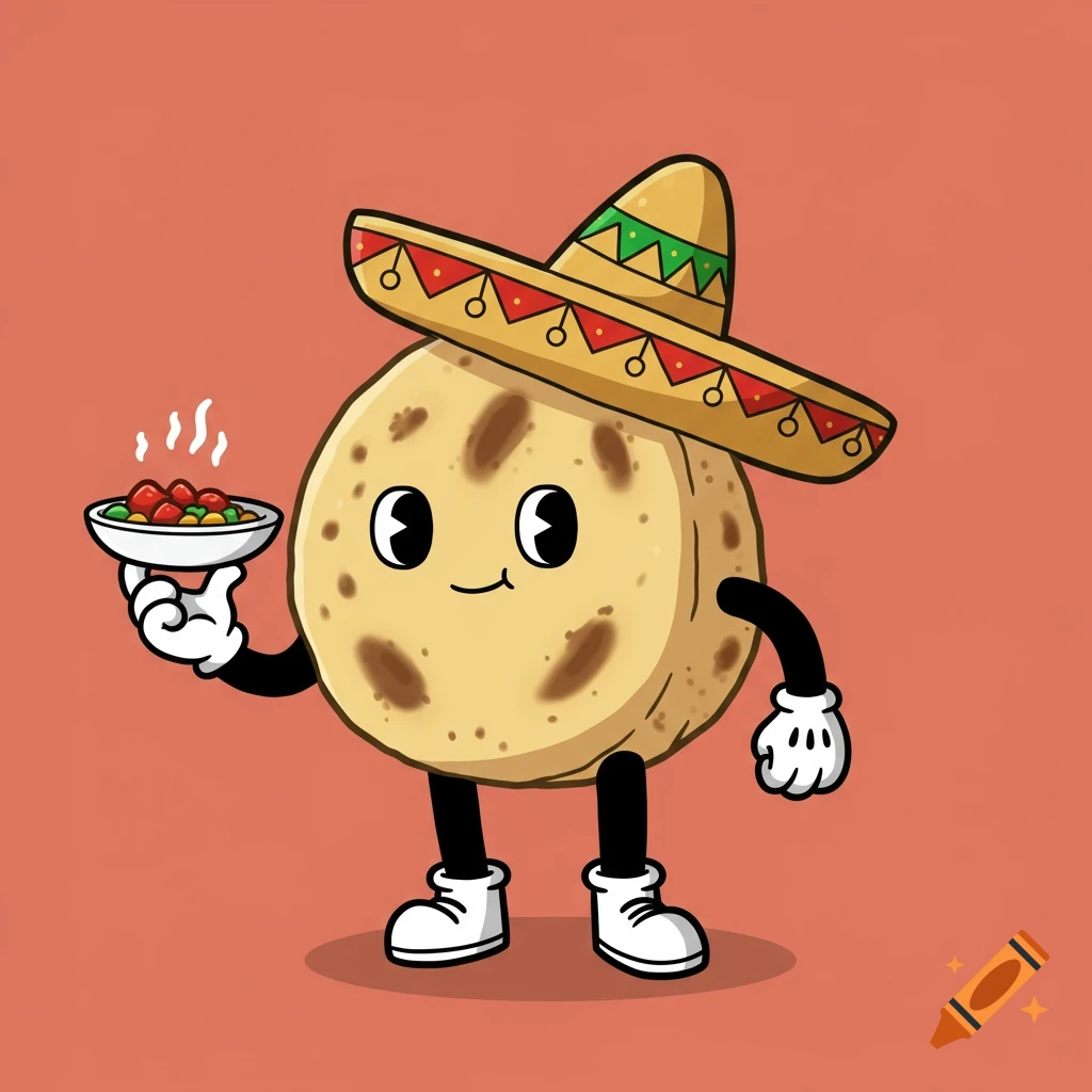 A cute cartoon arepa character with arms, legs, and a sombrero holds a bowl of food.
