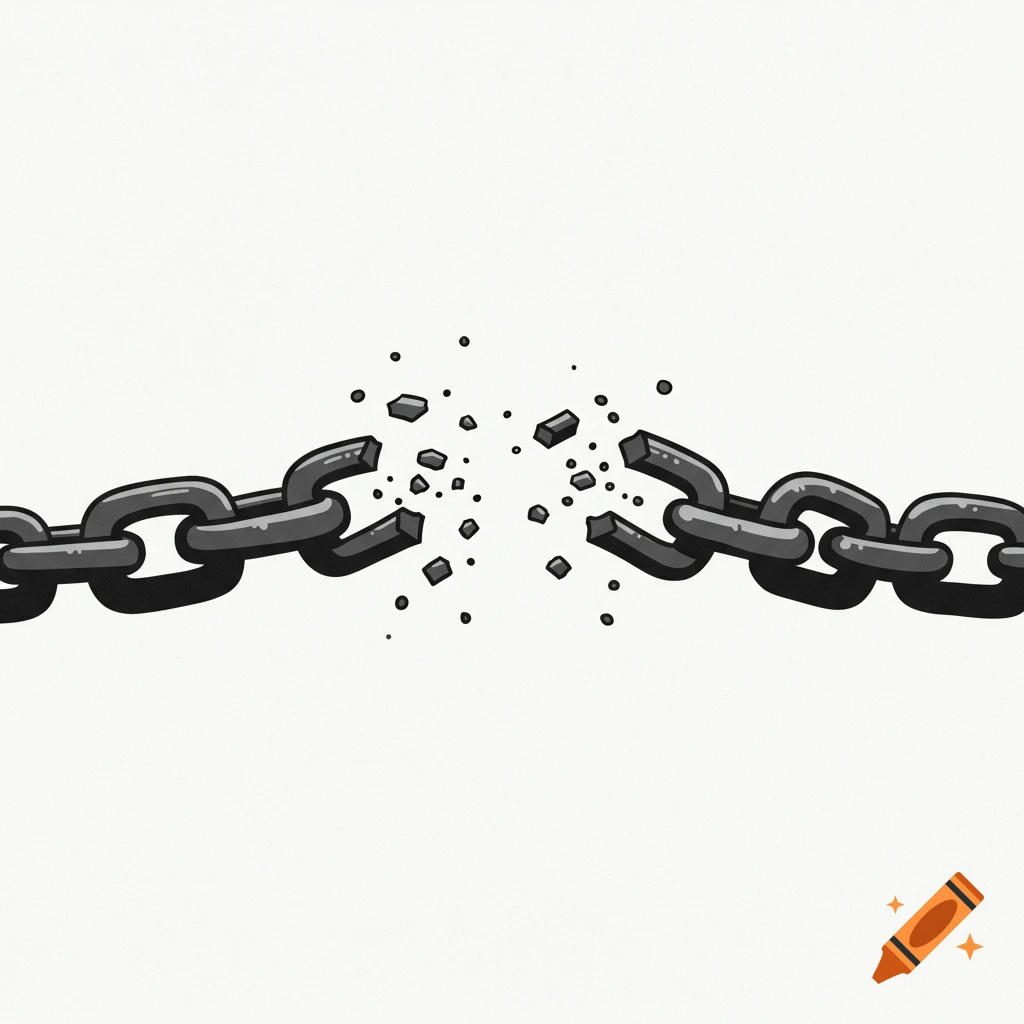 Illustration of a black chain breaking in the center, with pieces flying outwards.
