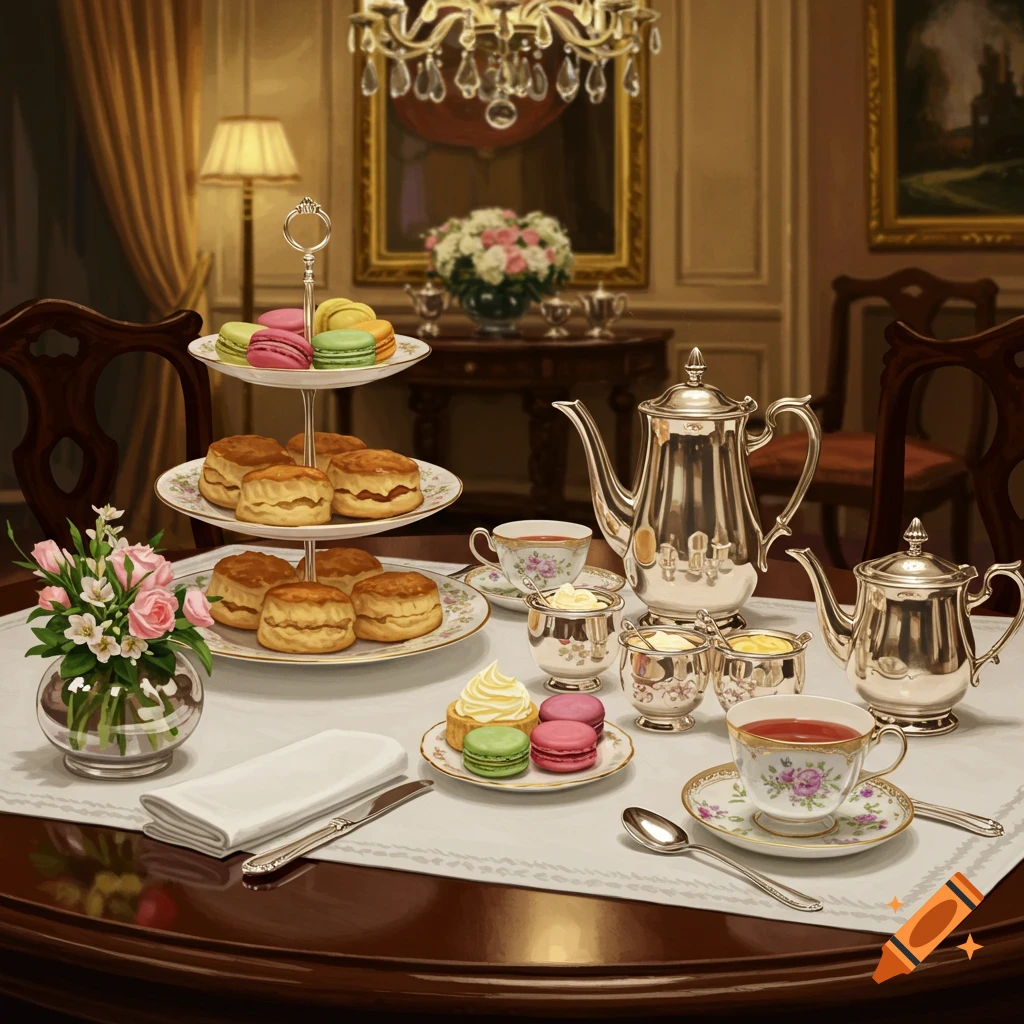 A luxurious tea time table setting with scones, macarons, and silver teapots.