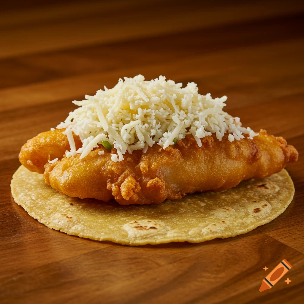 Close-up of a fish taco with fried fish and shredded cheese on a corn tortilla, on a wooden table.