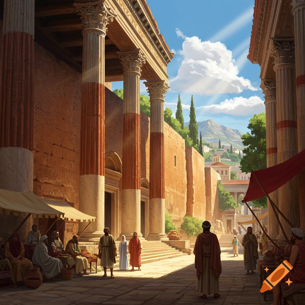 A market scene outside an ancient temple or church with large columns.