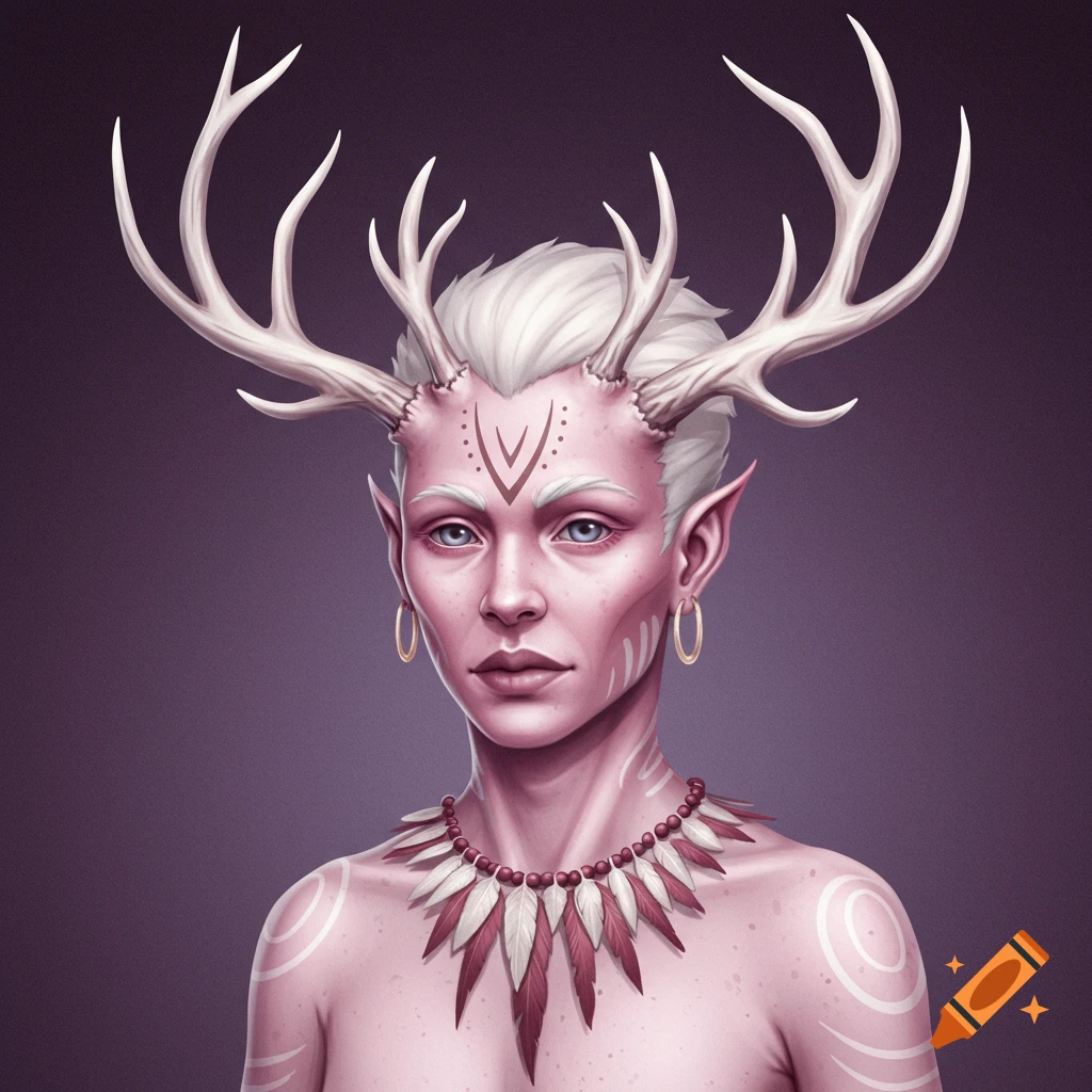 A portrait of a fantasy character with white antlers, pale skin, and tribal markings and jewelry.