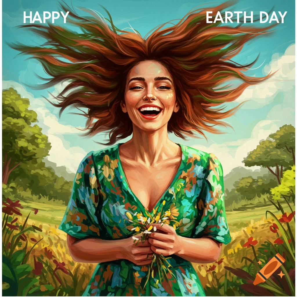 A smiling woman is holding flowers in a field, and the text 'HAPPY EARTH DAY' appears on the image.