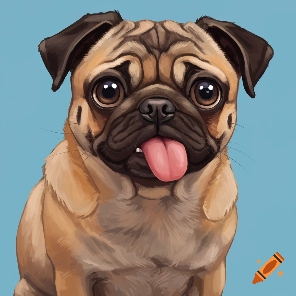A confused pug sticking its tongue out on a blue background.