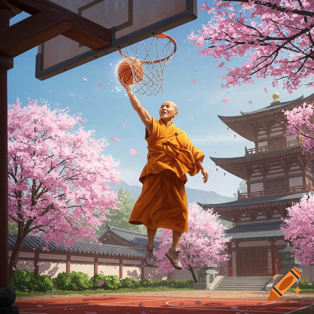 A monk is shown dunking a basketball on a court adorned with cherry blossoms and Asian temples.