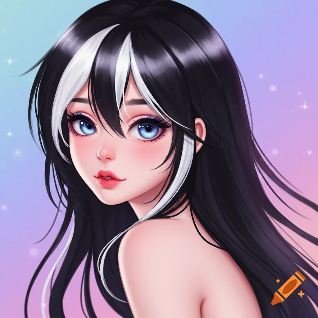 Anime portrait of a woman with black and white hair and blue eyes.