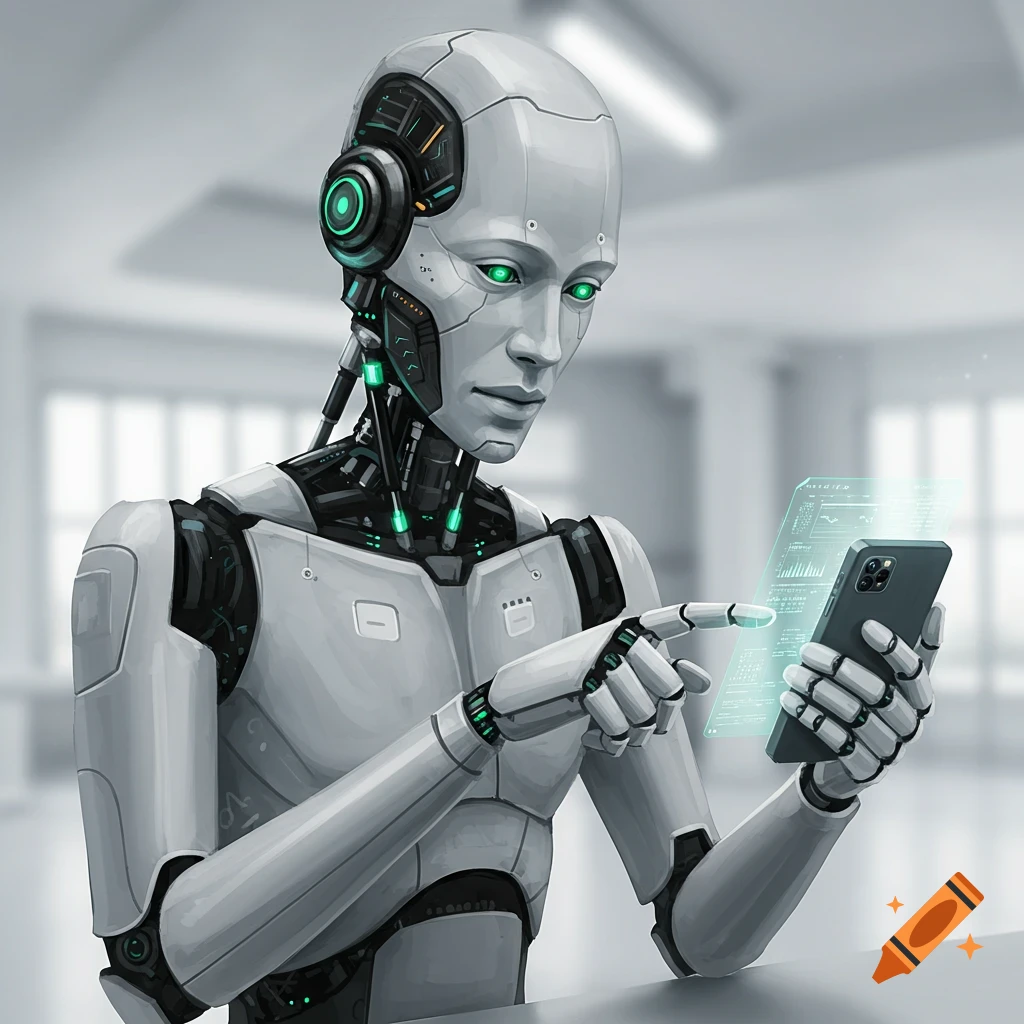 A robot with green eyes using a phone and a holographic screen.
