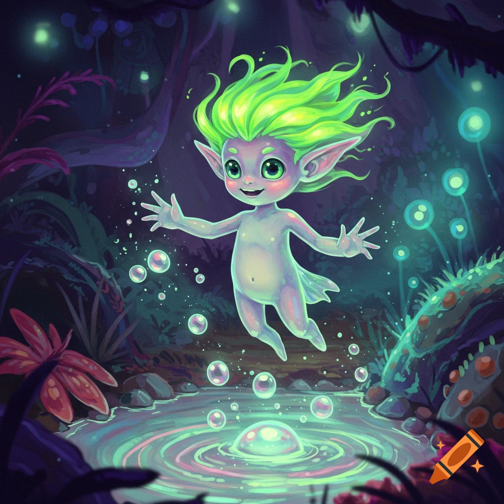 A cute fantasy creature with bright green hair floats above a glowing pool in a dark forest with bubbles and glowing plants.