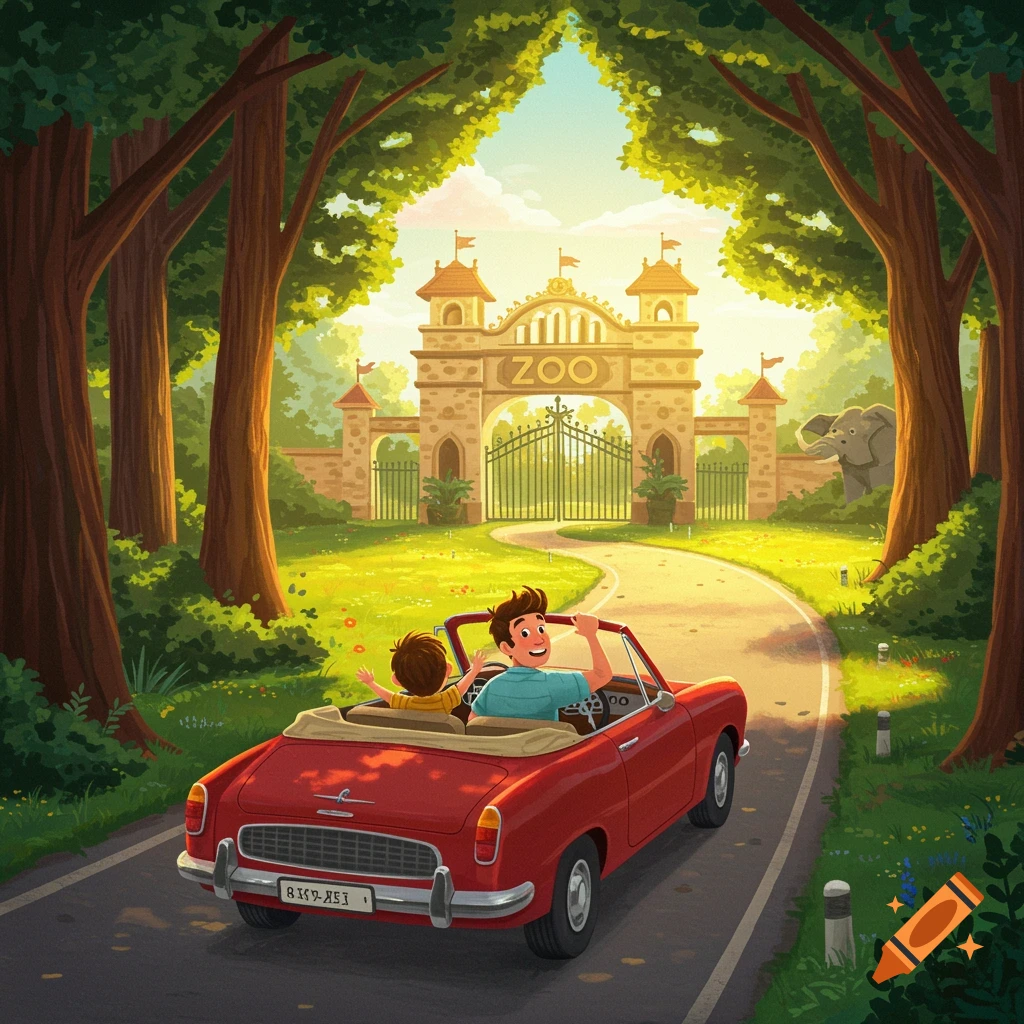Father and son in a red convertible on a sunny road trip towards a zoo entrance, storybook style.