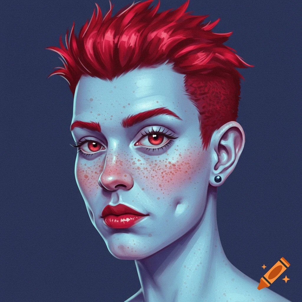 Portrait of a character with light blue skin, freckles, red spiky hair, red eyes, and dimples.