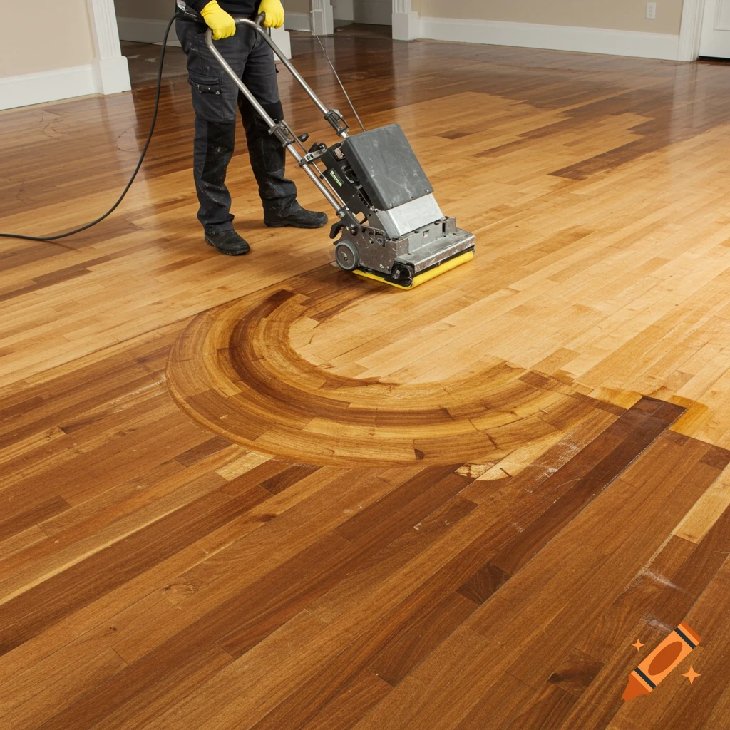 Person refinishing a wooden floor with a machine, creating a circular pattern.