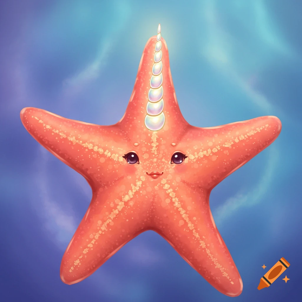 A cute starfish with a pearl unicorn horn.