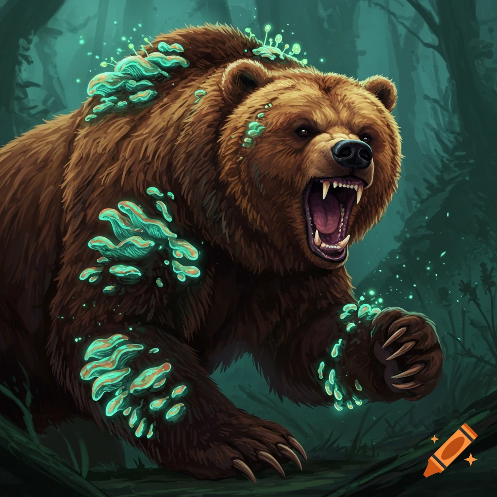 An angry bear covered in glowing fungus in a dark forest