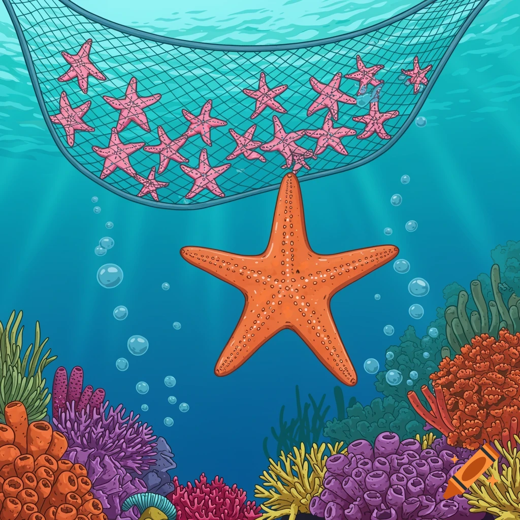 Cartoon underwater scene with a large orange starfish below a net of pink starfish, surrounded by colorful coral reefs.