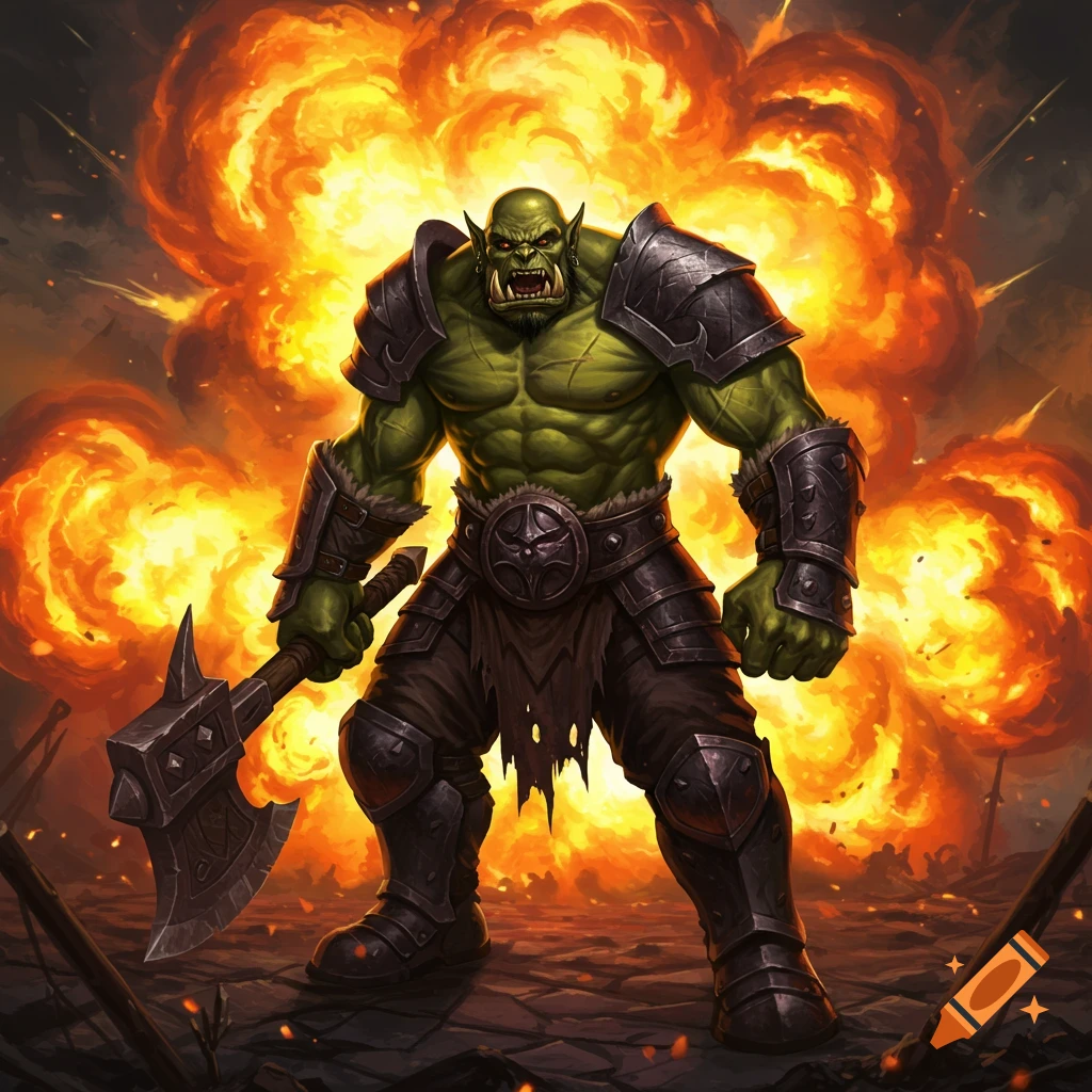A green Orc warrior in armor holding an axe in front of explosions.