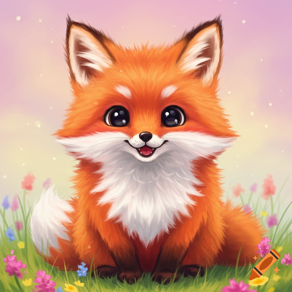 A cute cartoon fox sits in a grassy field with pink and purple flowers.